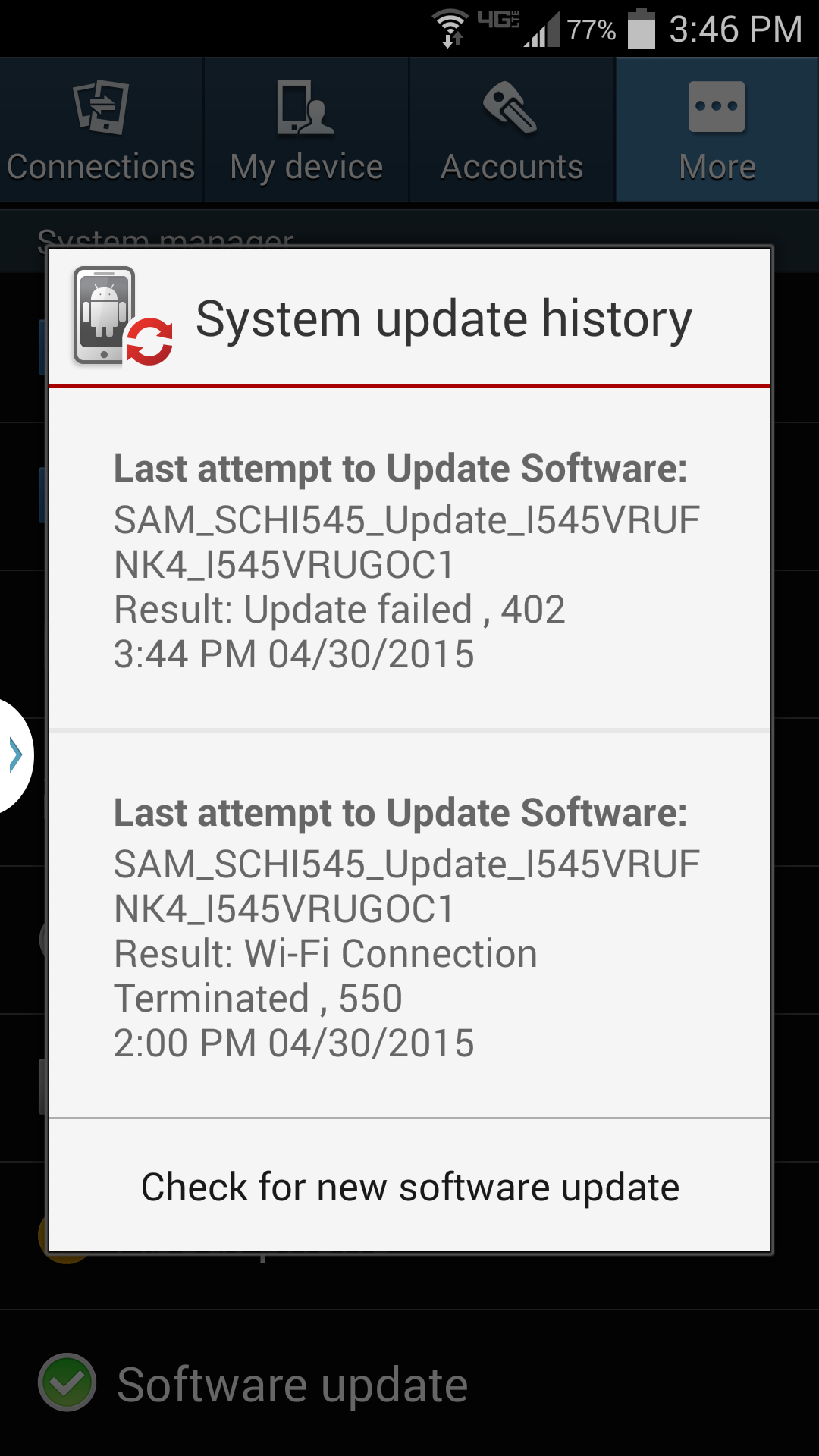 Correct answer Why is the second half of my update failing? Verizon