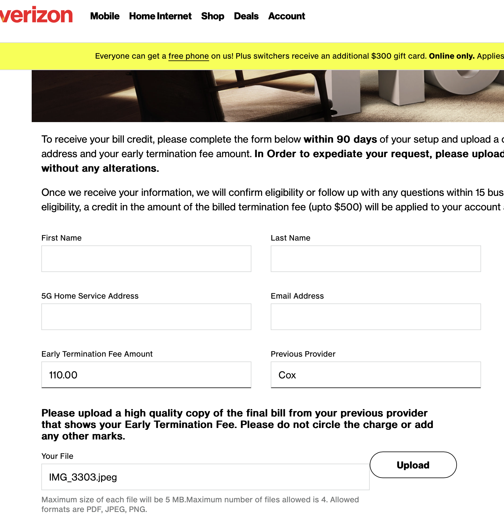 Community Forums Early termination fee reimbursement Verizon Community
